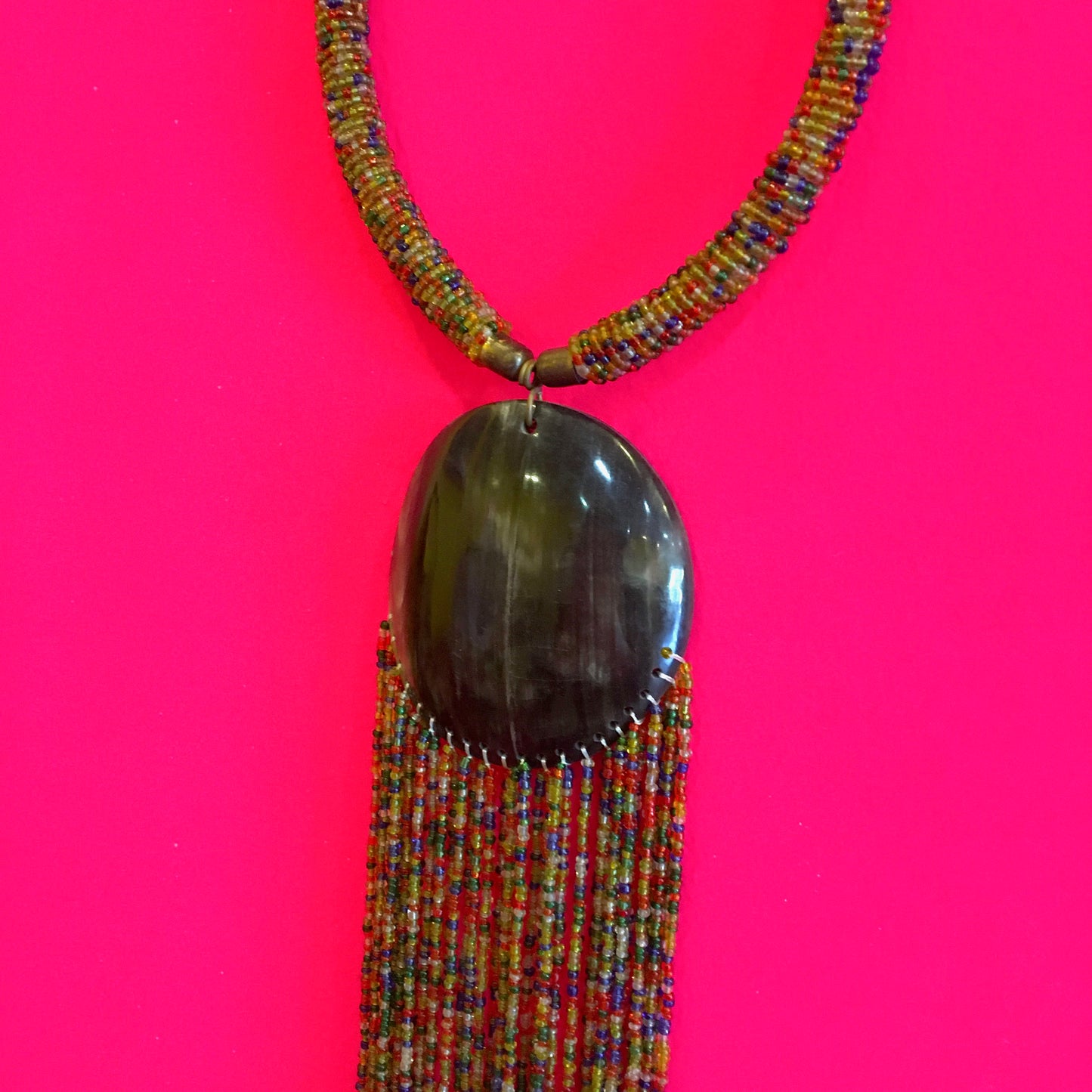 Long Beaded Necklace with Stone